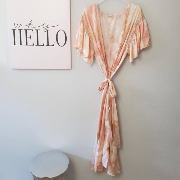 NWOT Free People abstract tie dye print satin effect & lace accent washed robe - Picture 13 of 16